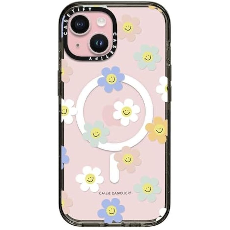 Casetify Impact Case for iPhone 15 【8.2ft 4X Military Grade Drop Protection/Compatible with Magsafe】 - Happy Daisies - Clear Black - Image 1