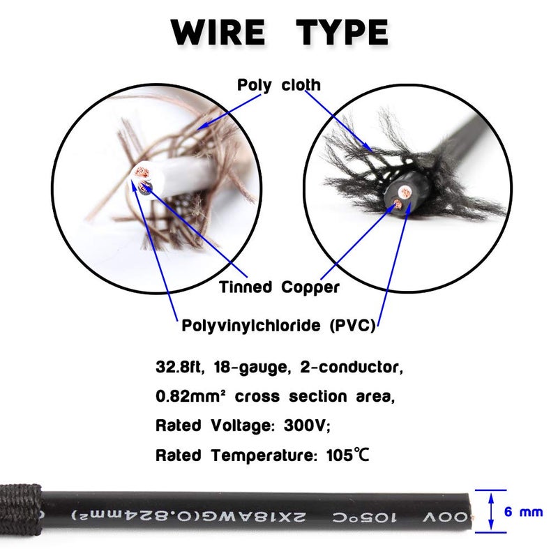 PRUNLLA 32.8ft Fabric Cloth Covered Round Wire,PRUNLLA Vintage 18/2 Industrial Electrical Lamp Cord, 18-Gauge Antique Style for Retro Lamp, DIY Projects (Pearl) - Image 3
