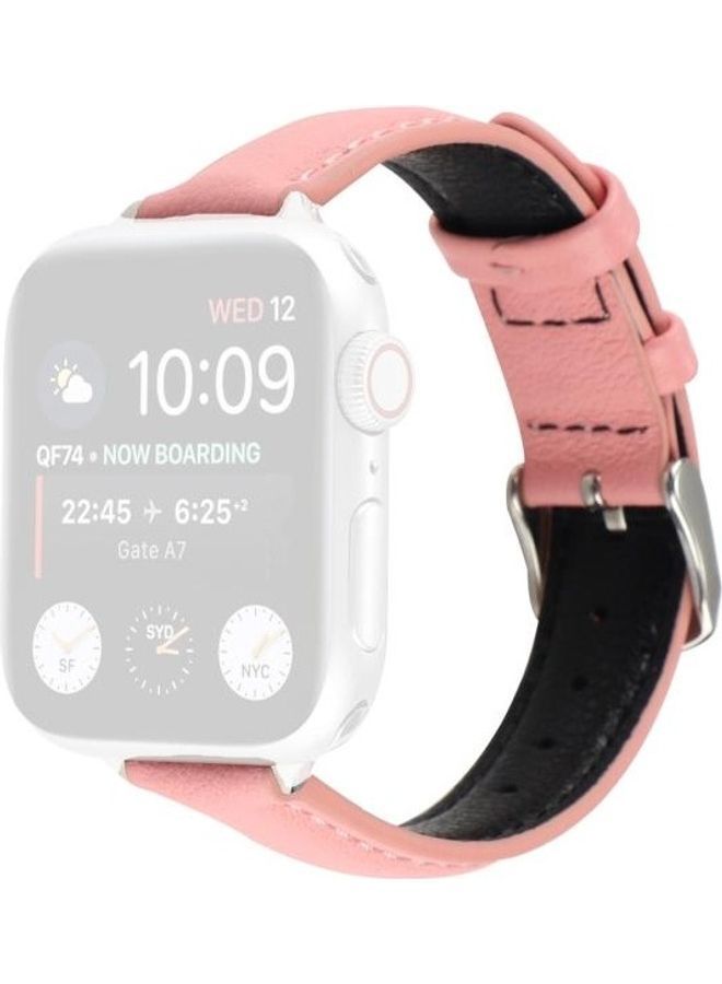 NIBEMINENT 14mm Slim Genuine Leather Strap Watchband For Apple Watch Series 7 45mm 6/SE/5/4 44mm 3/2/1 42mm Pink - Image 1