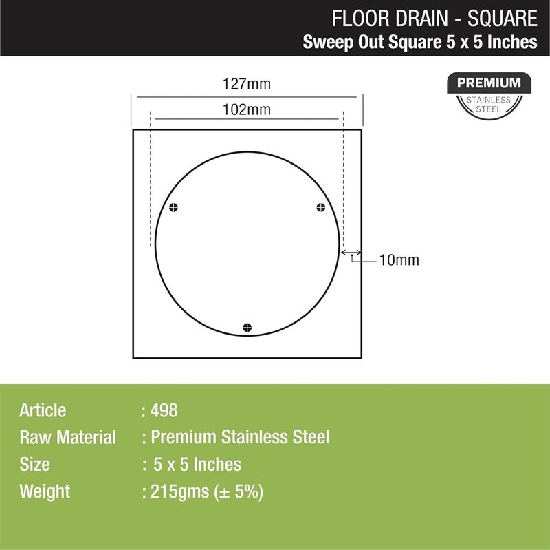 Lipka LIPKA Sweep Out Square Floor Drain Premium Stainless Steel 5 x 5 Inches - Image 2