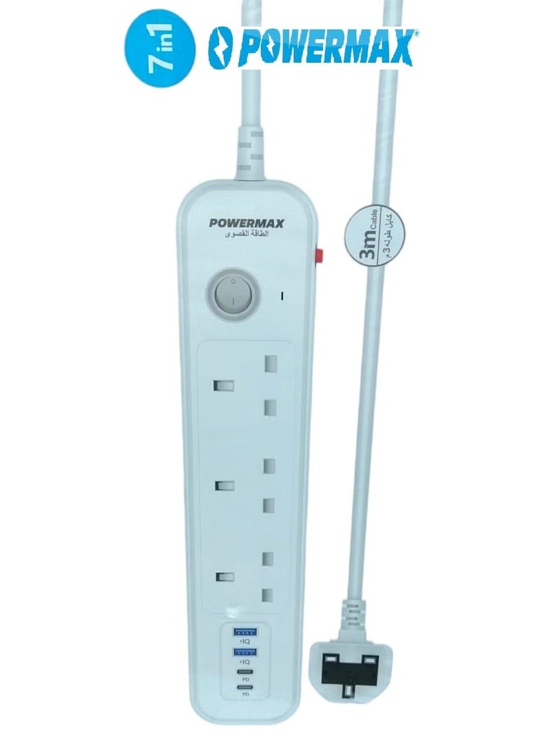 Power Max 7 in 1 Power Extension Socket Protector - 3 Wide Sockets with 2 USB-A Ports and 2 USB Type C Port, Flat Plug, Wall Mount, USB Charging Station for Office, Ideal for All Electronic Devices, 3 Meter White , PowerMax Power Strip  Get a 3-meter power strip with 3 outlets and 4 USB + USB-C ports. - Image 1