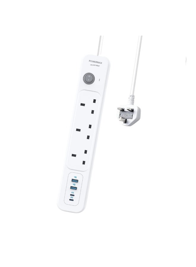 Power Max 7 in 1 Power Extension Socket Protector - 3 Wide Sockets with 2 USB-A Ports and 2 USB Type C Port, Flat Plug, Wall Mount, USB Charging Station for Office, Ideal for All Electronic Devices, 3 Meter White , PowerMax Power Strip  Get a 3-meter power strip with 3 outlets and 4 USB + USB-C ports. - Image 3