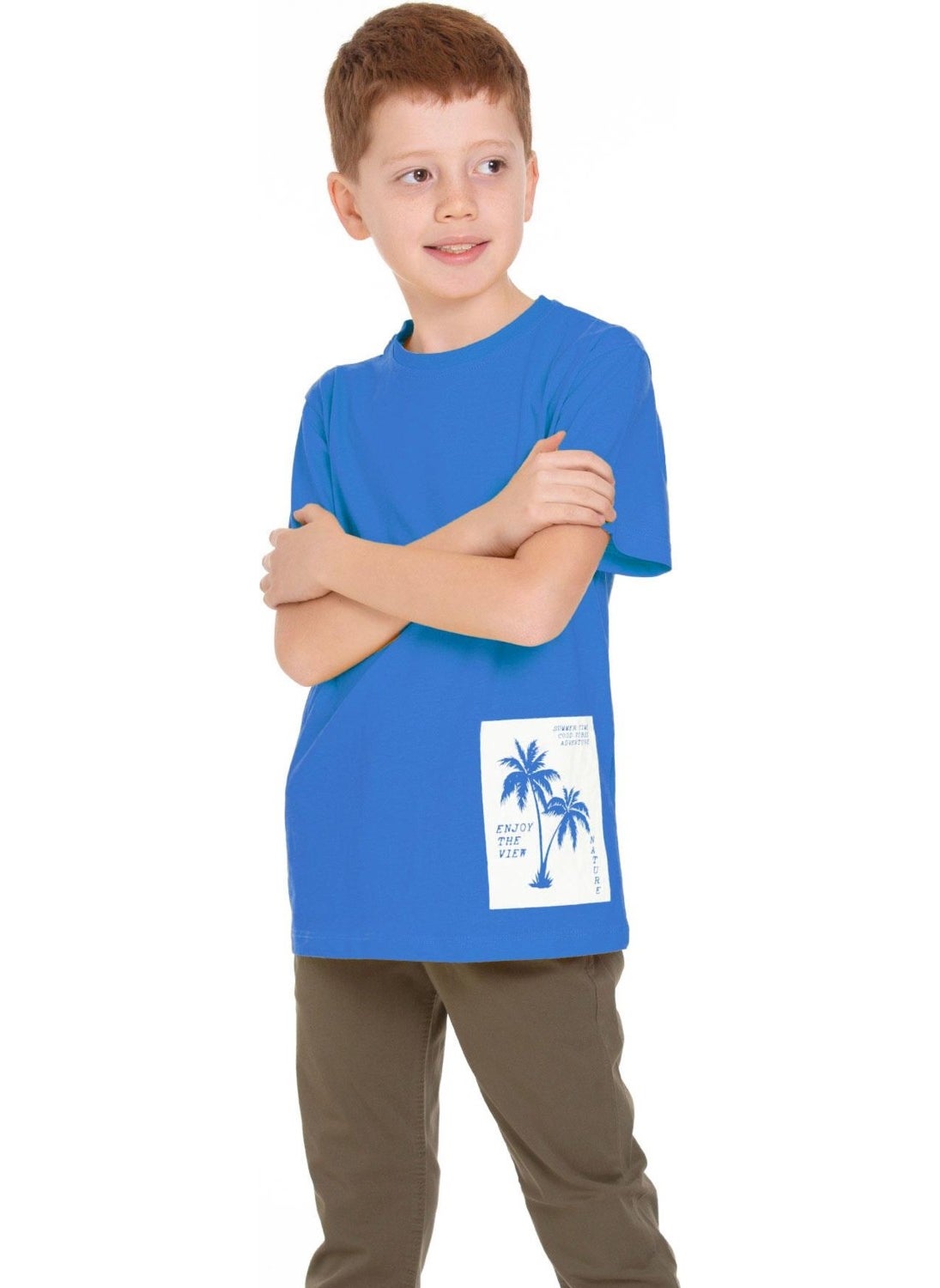 WEWE - Crew Neck Short Sleeve Palm Printed Blue Color Boy T-shirt - Image 1