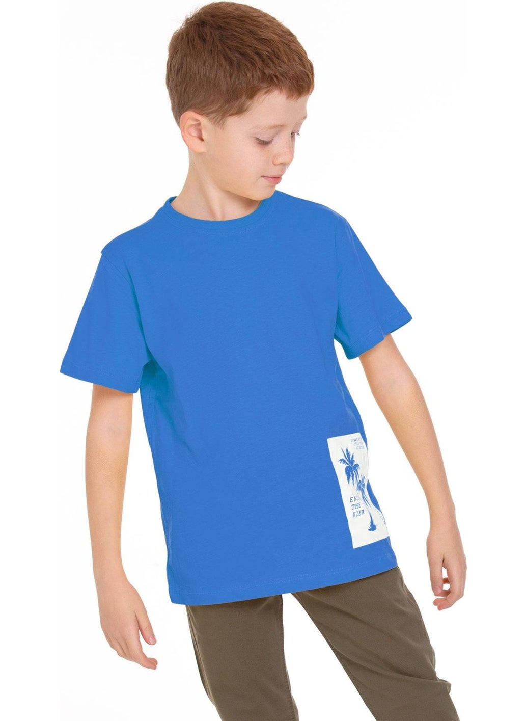 Crew Neck Short Sleeve Palm Printed Blue Color Boy T-shirt - pzsku/Z499A91BE102C3FA3EF35Z/45/_/1741212708/29ab1cbf-006c-48ad-8001-2c332732d5ba