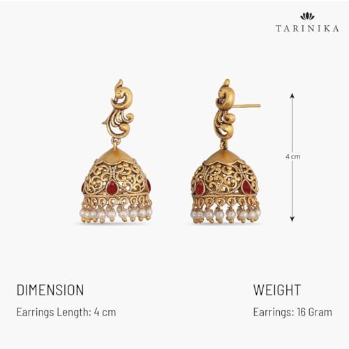 TARINIKA Antique Gold Plated Jhumka Earrings with CZ Stones & Pearls - Brass Fashion Jewelry for Women Traditional Pearl Jhumki Ethinic Style (Hansa Antique) - Image 3