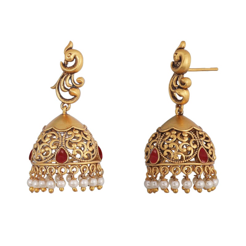 TARINIKA Antique Gold Plated Jhumka Earrings with CZ Stones & Pearls - Brass Fashion Jewelry for Women Traditional Pearl Jhumki Ethinic Style (Hansa Antique) - Image 5