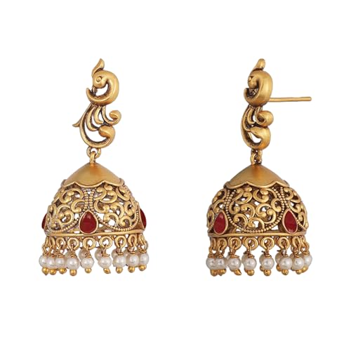 TARINIKA Antique Gold Plated Jhumka Earrings with CZ Stones & Pearls - Brass Fashion Jewelry for Women Traditional Pearl Jhumki Ethinic Style (Hansa Antique) - Image 1