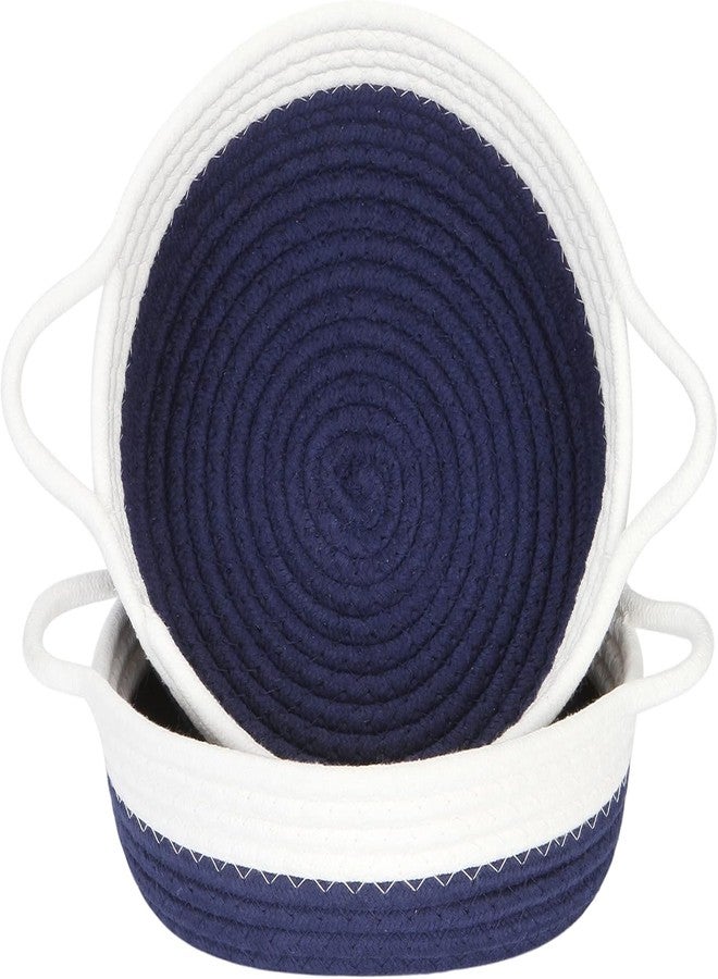 BRISHTl 2-Pack Cotton Rope Baskets, Woven Storage Basket, Fabric Tray, Bowl, Round Open Dish For Fruits, Jewelry, Keys, Sewing Kits (Dark Blue & White, Round/10 X 10 X 3") - Image 1