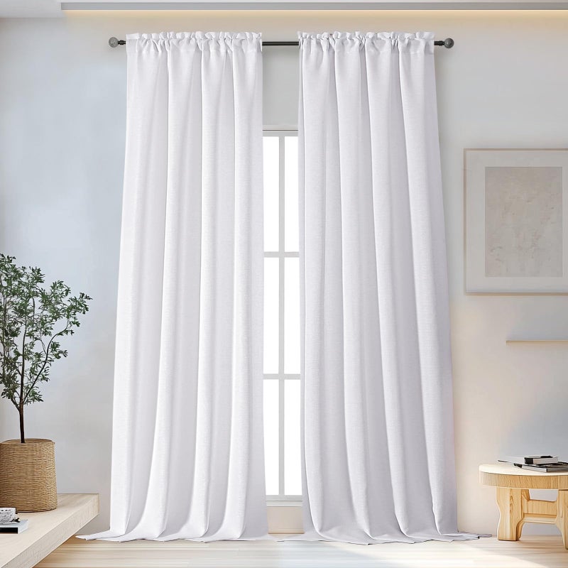 OWENIE Bob White Curtains 90 Inches Long 2 Panels Set for Living Room Bedroom  Light Filtering Faux Linen Textured Bedroom Curtains Drapes  Farmhouse Dual Rod Pocket  40Wx90L Inch  White - Image 4