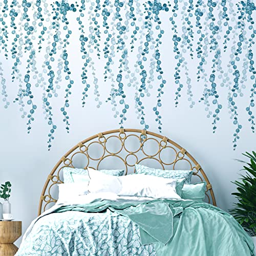 VePret Blue Hanging String of Pearls Succulents Vine Wall Decals Peel and Stick, Large Plants Leaf Vinyl Wall Stickers, Removable Home Decor Art for Bedroom Living Room Classroom Office - Image 1