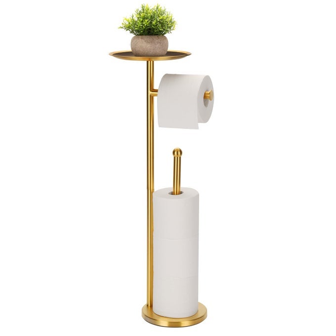 TOILET PAPER HOLDER FREESTANDING WITH BIG SHELF 4 ROLLS RESERVE PAPER HOLDER STAND MODERN PAPER ROLL HOLDER WITH STORAGE SPACE FOR PHONES GOLD