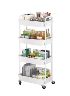 4-Tier Plastic Rolling Utility Cart with Handle, Multi-Functional Storage Trolley for Office, Living Room, Kitchen, Movable Storage Organizer with Wheels, White