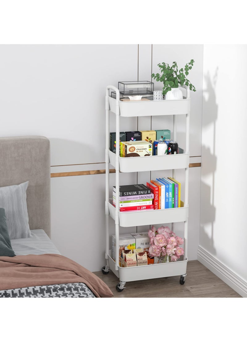 Generic - 4-Tier Plastic Rolling Utility Cart with Handle, Multi-Functional Storage Trolley for Office, Living Room, Kitchen, Movable Storage Organizer with Wheels, White - Image 1