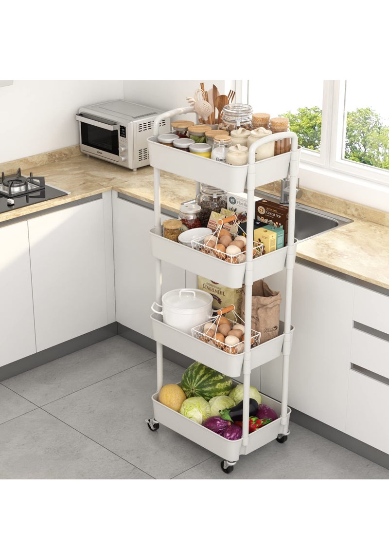 Generic - 4-Tier Plastic Rolling Utility Cart with Handle, Multi-Functional Storage Trolley for Office, Living Room, Kitchen, Movable Storage Organizer with Wheels, White - Image 1
