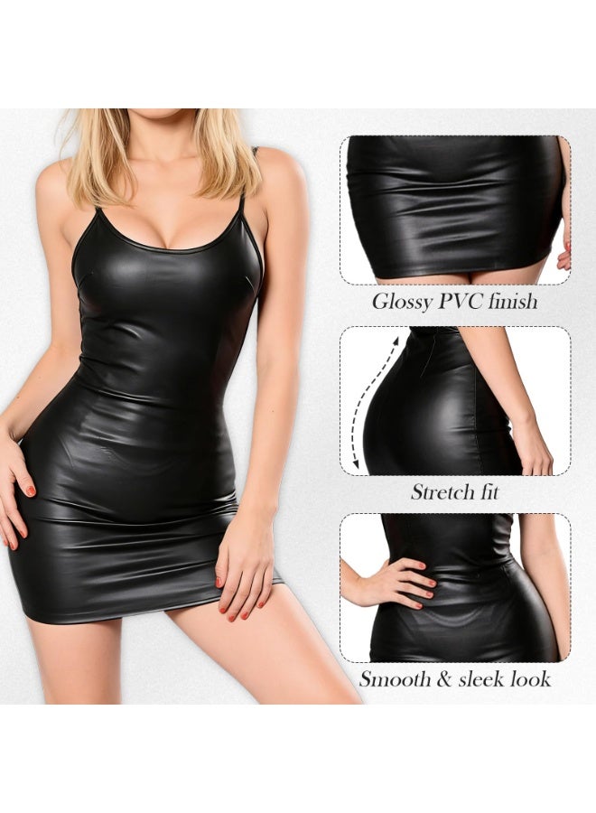 CMGTYYD Tight Party Suspender Mini Dress for Women's Sleeveless Cropped Leather Skirt Black - Image 2