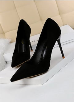 BIGTREE 9cm Fashion Simple Fine Heel Suede Shallow Mouth Pointed High-Heeled Shoes For Women Black  - Image 1