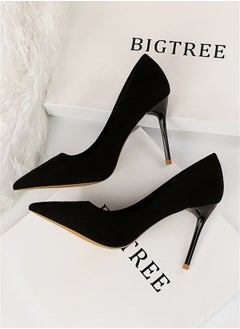 BIGTREE 9cm Fashion Simple Fine Heel Suede Shallow Mouth Pointed High-Heeled Shoes For Women Black  - Image 2