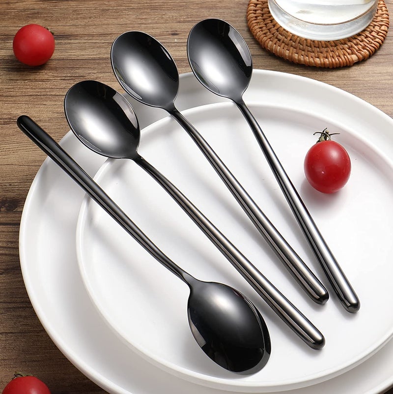 Ouliget Steel Black Soup Spoon  Long Handled Great Circle Spoons Korean Long Handle Soup Spoon 8 Pieces 8.7X1.6 Inches. - Image 2