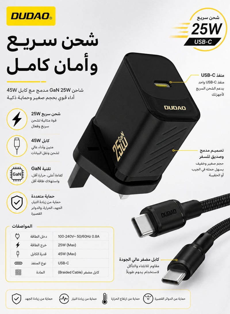 DUDAO PD 25W Charger GaN Super Fast Charger with USB C Cable, Fast Charging USB C Wall Charger Power Adapter with 9-Layer Safety Protection, Low Temperature & Overheat Control,Phones, iPads, Laptops, and More - Image 2