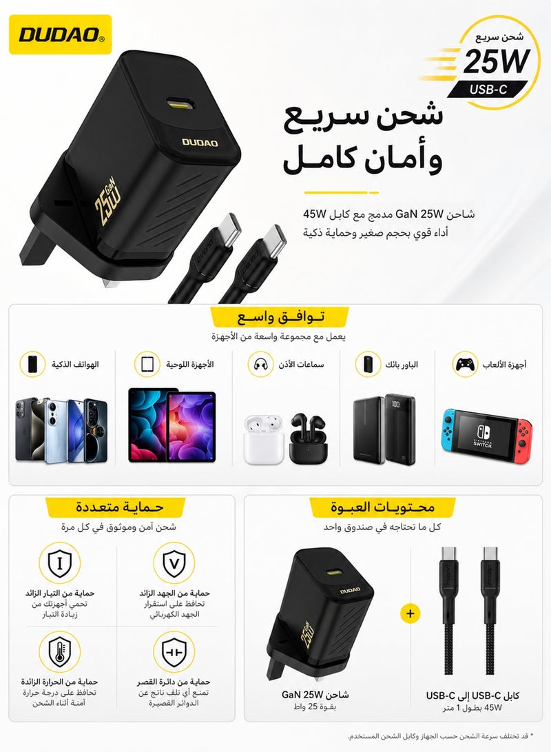 DUDAO PD 25W Charger GaN Super Fast Charger with USB C Cable, Fast Charging USB C Wall Charger Power Adapter with 9-Layer Safety Protection, Low Temperature & Overheat Control,Phones, iPads, Laptops, and More - Image 3