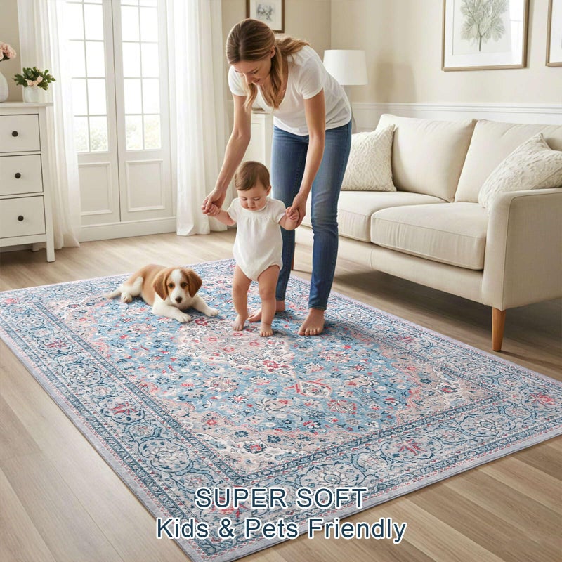 Flagover 4x6 Blue Washable Boho Area Rug for Bedroom, Vintage Floral Non Slip Living Room Rugs, Soft Low Pile Indoor Mat, Aesthetic Pattern Carpet for Kitchen, Dining Room and Bedside - Image 5