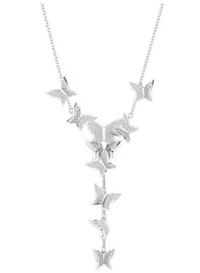 Swan Silver-Tone Crystal Butterfly Cluster Y-Drop Statement Necklace