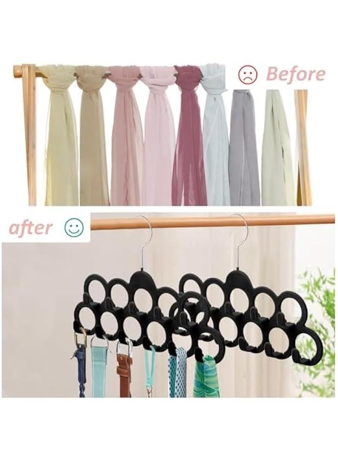 Velvet Scarf Hanger, Scarf Organizer, Flocked Velvet Finish, Scarf Holder with 11 Loops and Hooks for Shawls, Scarves, Ties, Belts, or Other Accessories, 2 Pack (Black)  - Image 5