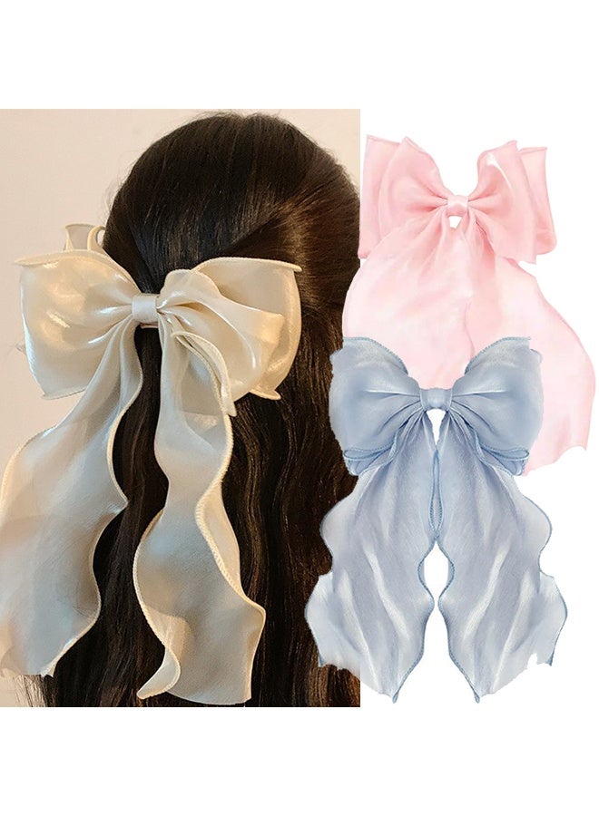 3-Piece Gauze Cute and Beautiful Bow Hair Accessories for Women Girls (Blue + Pink + Apricot) - Image 1