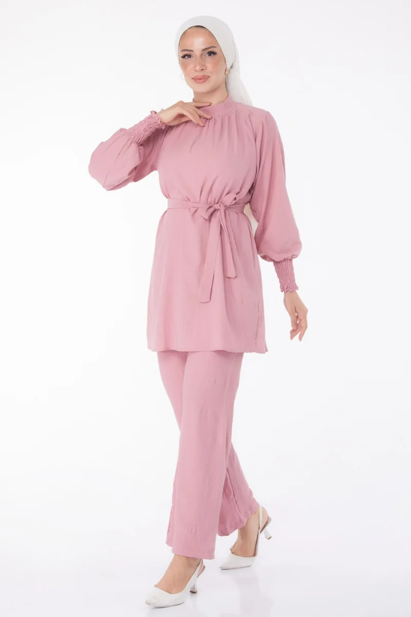 Tofisa Plain Judge Collar Women's Pink Tunic + Trousers - 13019