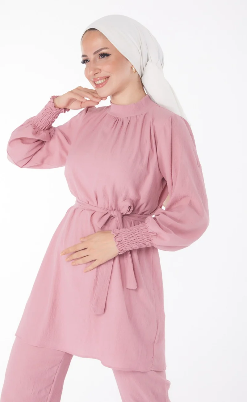 Tofisa Plain Judge Collar Women's Pink Tunic + Trousers - 13019
