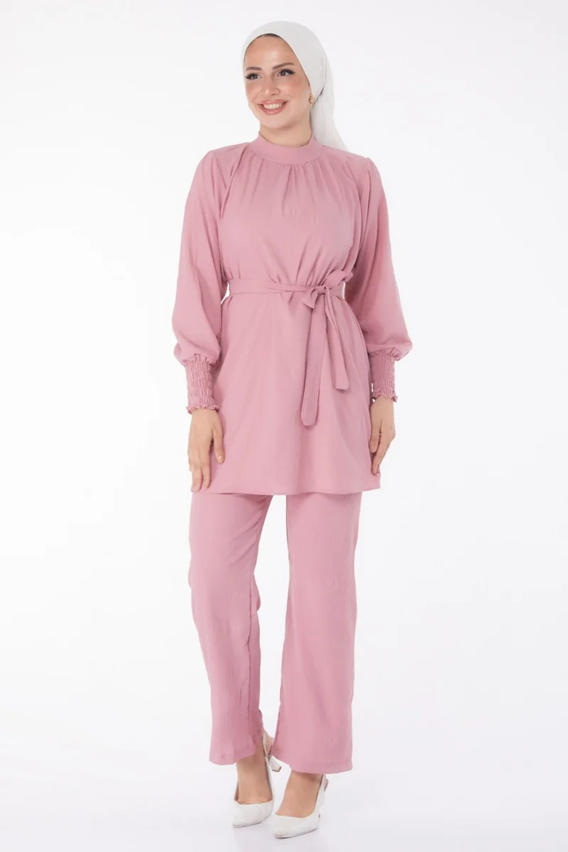 Tofisa Plain Judge Collar Women's Pink Tunic + Trousers - 13019