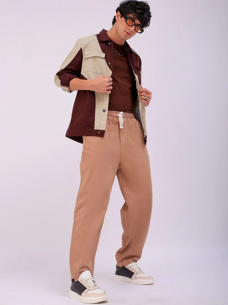 The Indian Garage Co Men Wide Leg Solid Brown Jeans