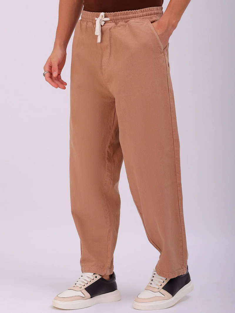 The Indian Garage Co Men Wide Leg Solid Brown Jeans