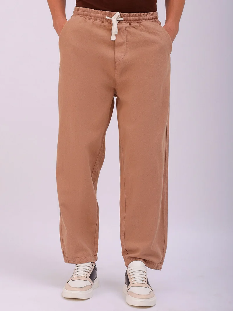 The Indian Garage Co Men Wide Leg Solid Brown Jeans