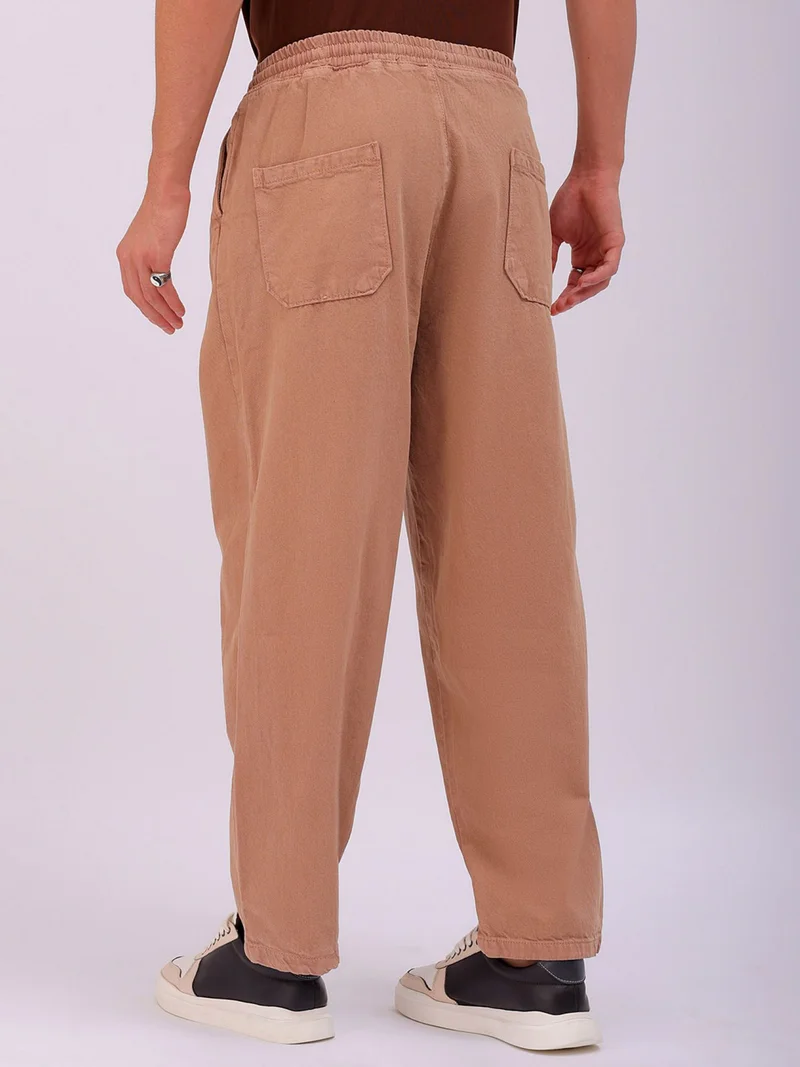 The Indian Garage Co Men Wide Leg Solid Brown Jeans