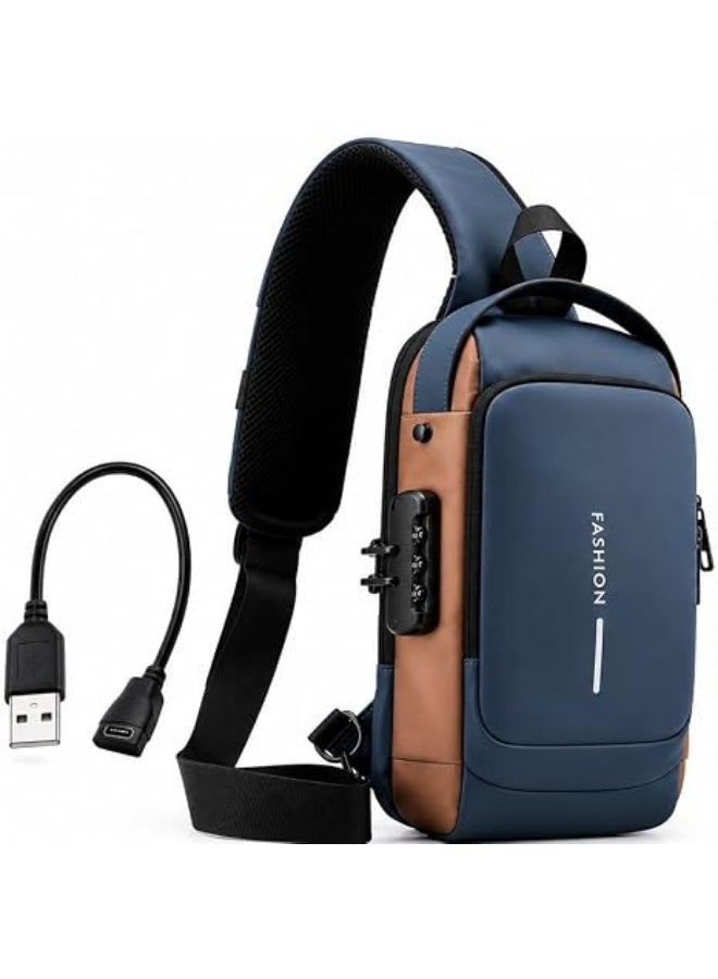 Men's casual bag with a combination lock and USB port, blue. - Image 1