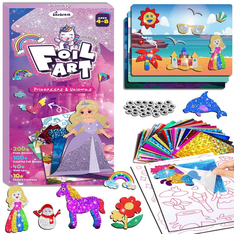 Baobrava Foil Art Fun Kit for Kids, Craft Kits Supplies, No Mess Princess DIY Creative Activity, Travel Toys, Party Favors, Easter Gifts for Girls Ages 4, 5, 6, 7, 8, 9 - Image 1