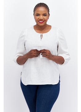Women Plus Size Tie Neck Puffed Sleeve Plain Top, Off White