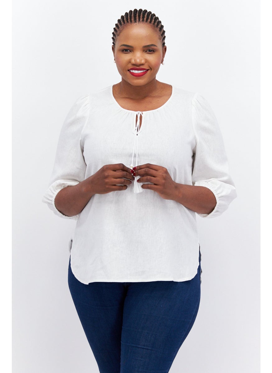 Jones New York - Women Plus Size Tie Neck Puffed Sleeve Plain Top, Off White - Image 1