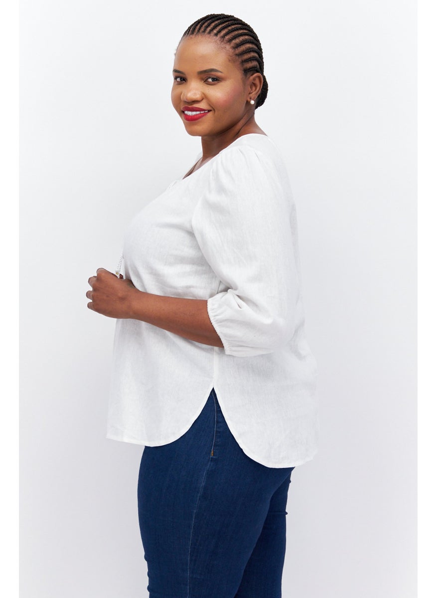 Jones New York - Women Plus Size Tie Neck Puffed Sleeve Plain Top, Off White - Image 1