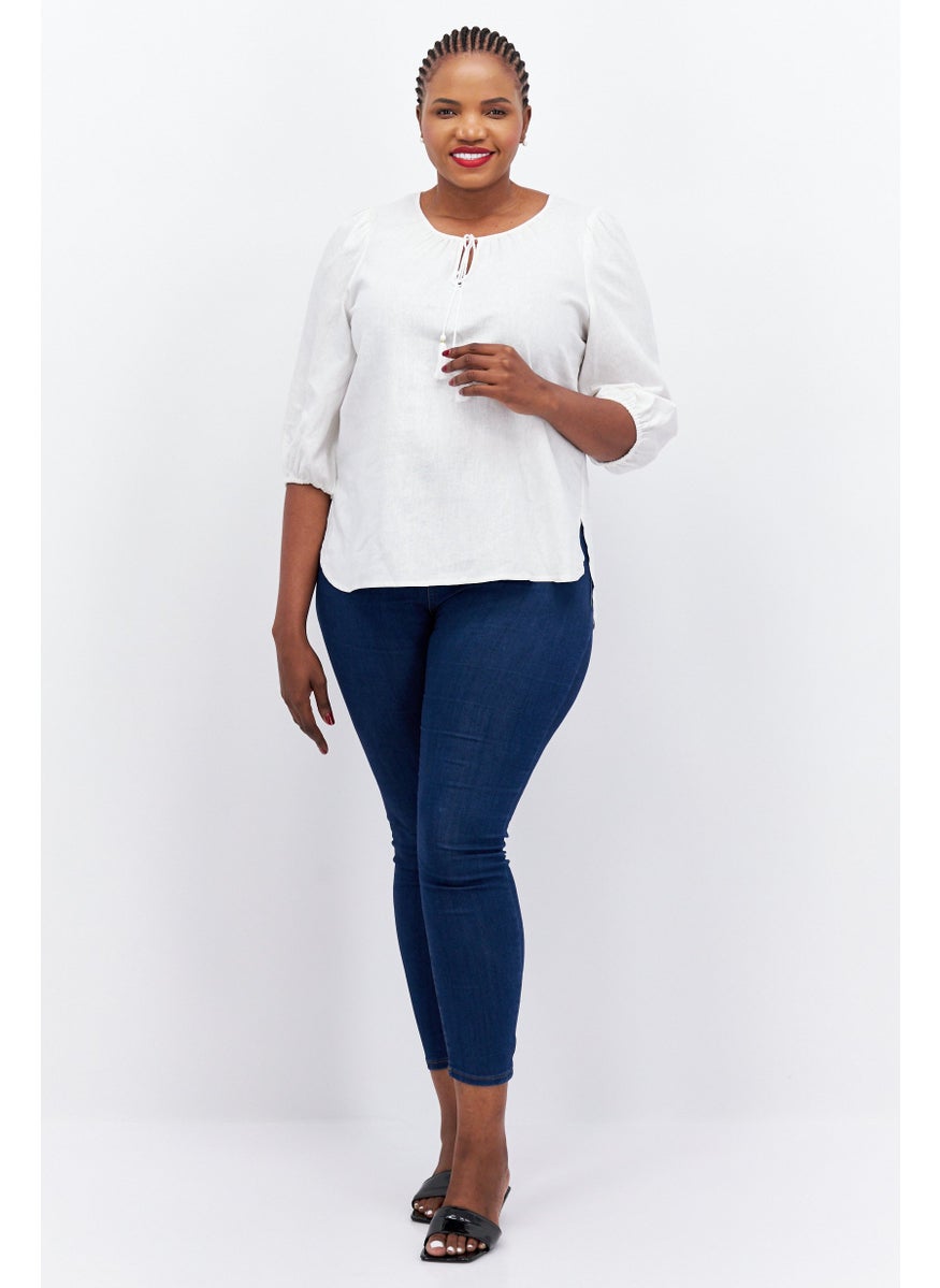 Jones New York - Women Plus Size Tie Neck Puffed Sleeve Plain Top, Off White - Image 1