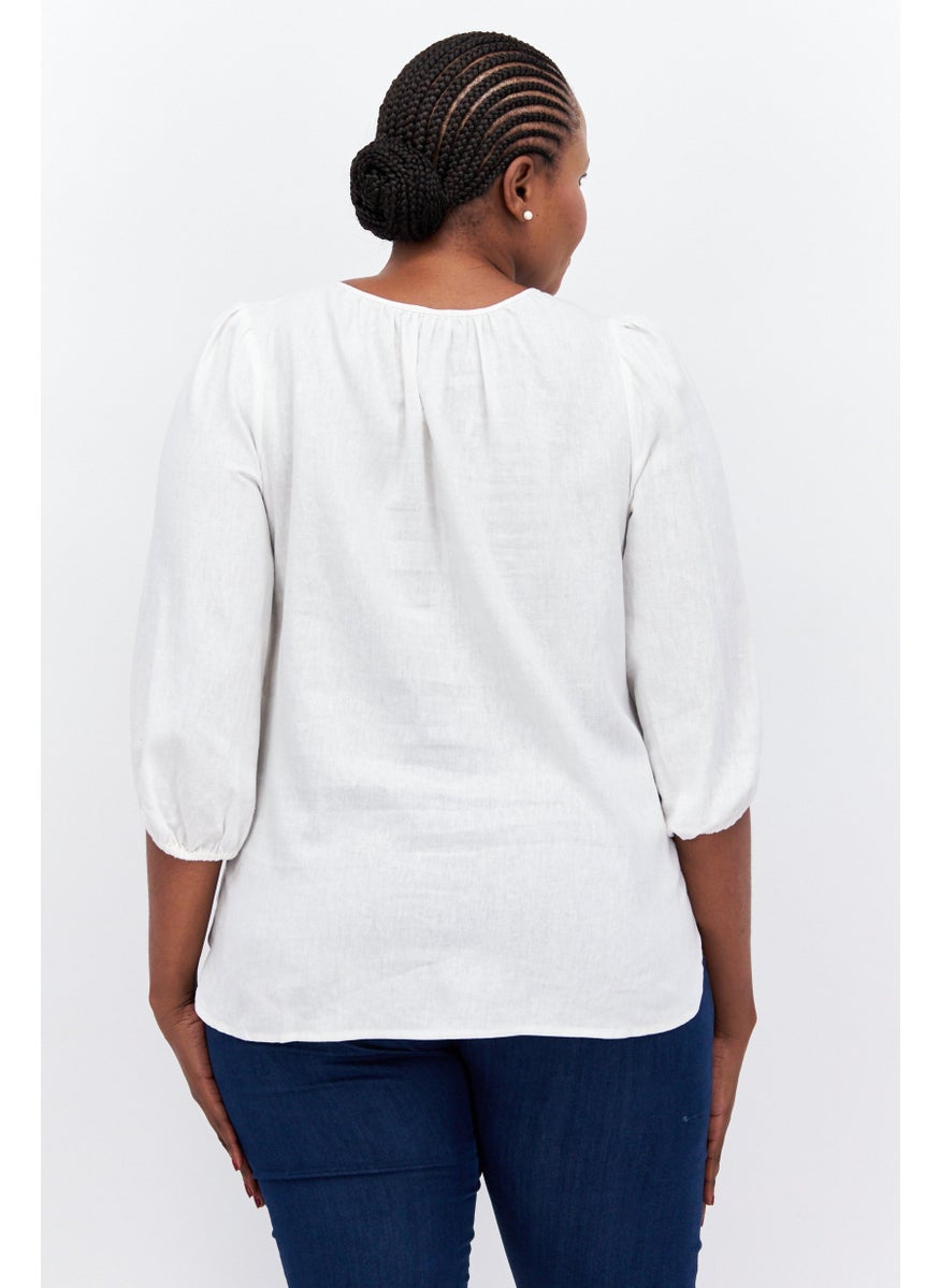 Jones New York - Women Plus Size Tie Neck Puffed Sleeve Plain Top, Off White - Image 1