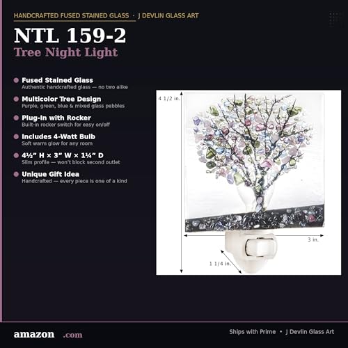 J Devlin Glass Art Stained Glass Tree Night Light Purple Green Blue | Fused Art Glass Plug in Night Light with Rocker Switch | NTL 159-2 - Image 3