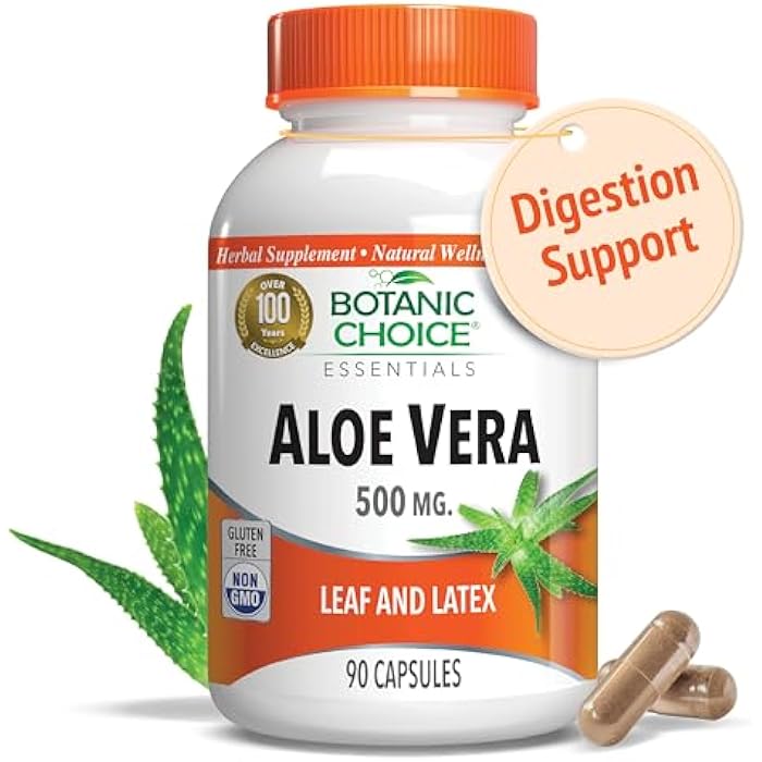 Botanic Choice Aloe Vera- Leaf and Latex, Digestive, Liver, Stomach health-Contains Amino Acids, Vitamins, Minerals, Enzymes- 500mg-Gluten Free, Non-GMO-90 capsules - Image 1