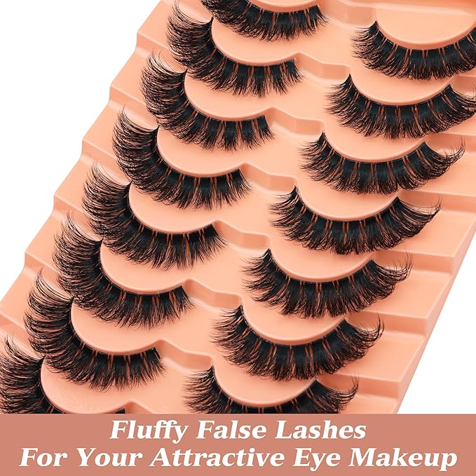 Newcally Fluffy Lashes Russian Strip Eyelashes Cat Eye False Lashes D Curl Wispy Volume Fake Eyelashes Natural Look Lash Strips 9 Pairs Pack - Image 2