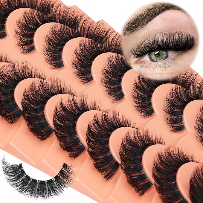 Newcally Fluffy Lashes Russian Strip Eyelashes Cat Eye False Lashes D Curl Wispy Volume Fake Eyelashes Natural Look Lash Strips 9 Pairs Pack - Image 1