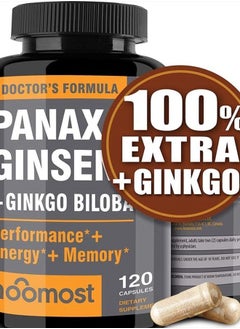 Authentic Korean Red Panax Ginseng + Ginkgo Biloba, 120 Vegan Capsules, Ginseng Root Extract Powder 1000mg (10% Ginsenosides) + Gingko Biloba 60mg, Energy and Focus Pills for Men and Women