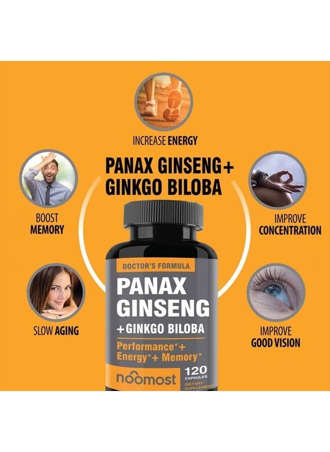 NooMost - Authentic Korean Red Panax Ginseng + Ginkgo Biloba, 120 Vegan Capsules, Ginseng Root Extract Powder 1000mg (10% Ginsenosides) + Gingko Biloba 60mg, Energy and Focus Pills for Men and Women - Image 1
