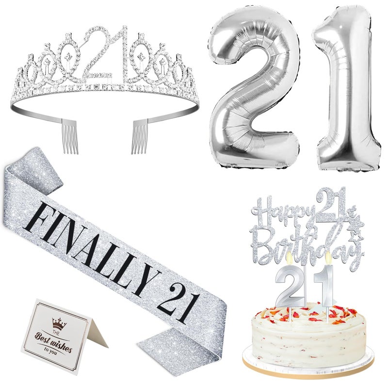 21st Birthday Decorations for Her Silver 21st Birthday Tiara and Finally 21 Sash Cake Topper and Candles Silver Number Balloons