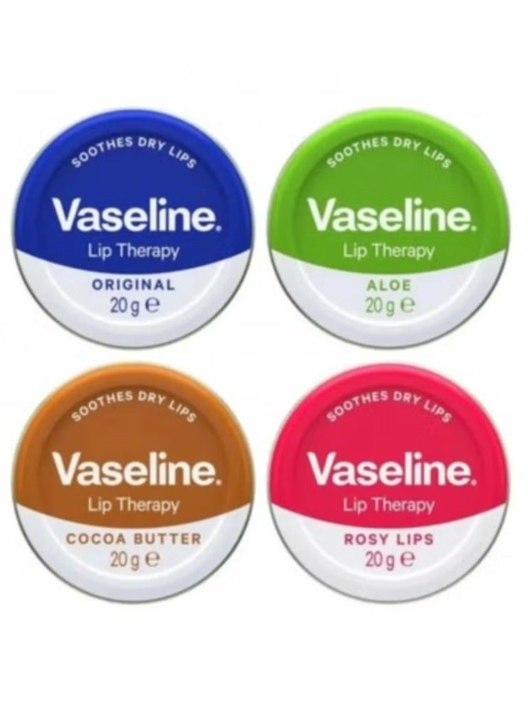 فازلين مجموعة مرطب الشفاه من فازلين 4 × 20 جرام (شفاه وردية، زبدة الكاكاو، الصبار، الأصلي) مع حقيبة أورجانزا برباط من جلامينو